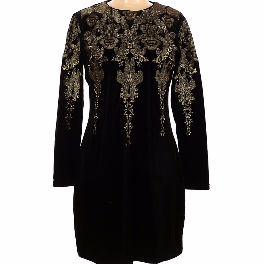 Press Dress Black Velvet Silver Embroidered Dress Long Sleeve Back Zipper